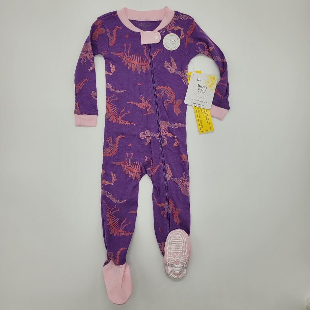 Burt's Bees Baby Pajamas Purple Pink Dinosaur Print One Piece Zip Footie 12m NEW